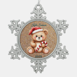 Maßgeschneiderter Teddy Bär und Candy Cane Schneeflocken Zinn-Ornament