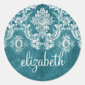 Maßgeschneiderter türkisfarbener Damaskus-Muster Runder Aufkleber (Vorderseite)