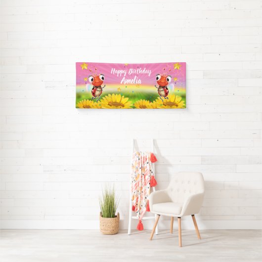 Maßgeschneidertes 6' x 2.5' Ladybug Birthday Vinyl Banner (Insitu)