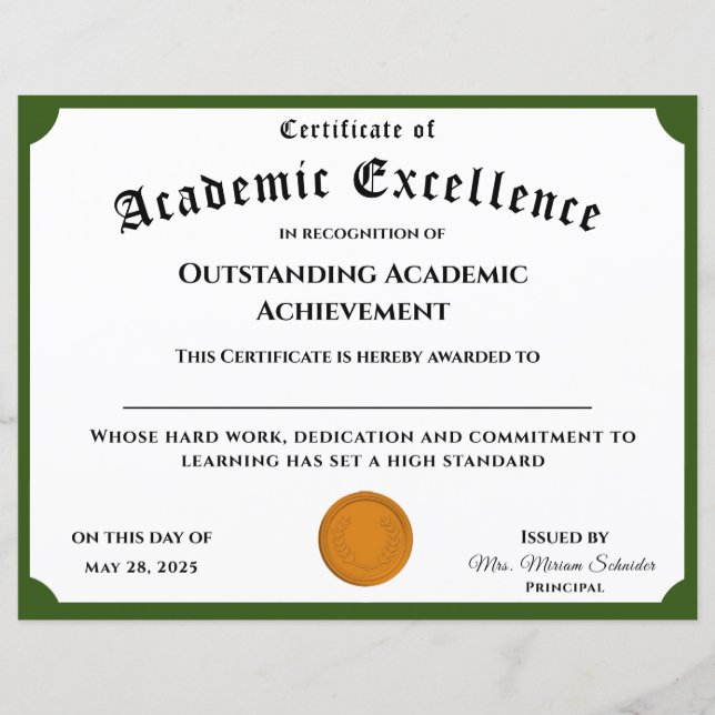 Maßgeschneidertes akademisches Leistungszeugnis (Vorderseite)