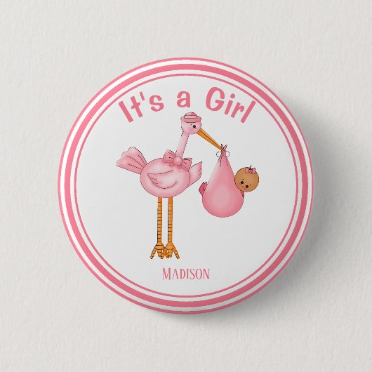 Maßgeschneidertes Baby Shower Stork Baby Girl Button (Vorderseite)