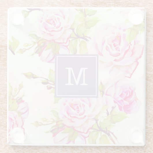 Maßgeschneidertes Blumenmuster Alte Rose Monogramm Glasuntersetzer (Rückseite)