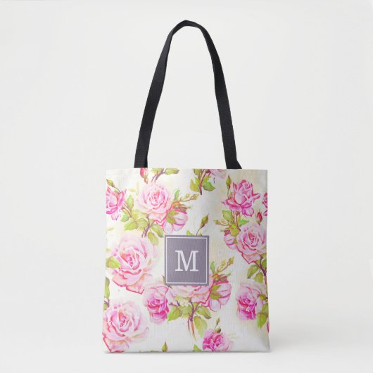 Maßgeschneidertes Blumenmuster Alte Rose Monogramm Tasche (Vorderseite)