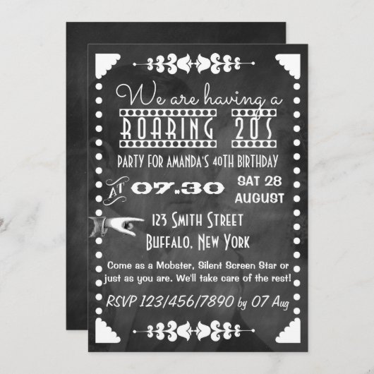 Maßgeschneidertes Chalkboard Roaring 20er Party Einladung (Vorne/Hinten)