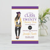 Maßgeschneidertes Foto Lila und Gold Abschluss Einladung (Stehend Vorderseite)