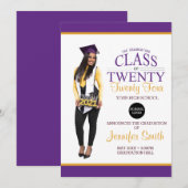 Maßgeschneidertes Foto Lila und Gold Abschluss Einladung (Vorne/Hinten)