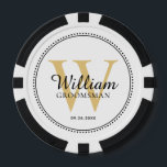 Maßgeschneidertes Gold Mit Monogramm Trauzeuge Whi Pokerchips<br><div class="desc">Maßgeschneiderte Gold Mit Monogramm Trauzeuge White Poker Chips. Die gepunktete Grenze erinnert an Milchkorn,  eine Schmuckdetailtechnik,  die häufig für Verlobung und Hochzeitsringe eingesetzt wird. Die Farbe des Textes,  des gepunkteten Randes und des Hintergrunds kann geändert werden.</div>