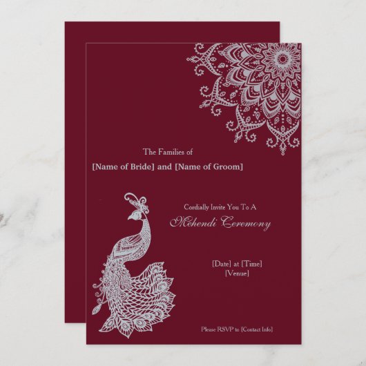 Maßgeschneidertes metallisches Silber Red Mehendi  Einladung (Vorne/Hinten)