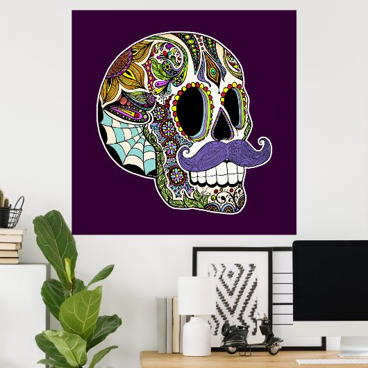 Maßgeschneidertes Mustache Sugar Skull Poster (Heimbüro)