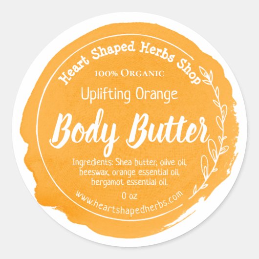 Maßgeschneidertes Orange Body Butter Label handgef Runder Aufkleber (Vorderseite)