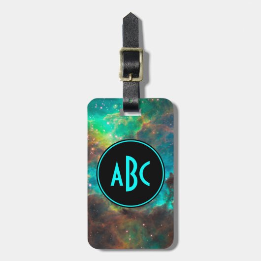 Maßgeschneidertes Schwarz-Aqua-Monogramm mit drei Gepäckanhänger (Vorderseite vertikal)