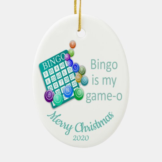 Maßgeschneidertes Weihnachts-Spaß-Bingo-Zitat Keramik Ornament (Hinten)