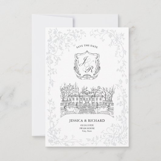 Maßgeschneidertes, weißes HochzeitsHerrenhaus Save The Date (Vorderseite)