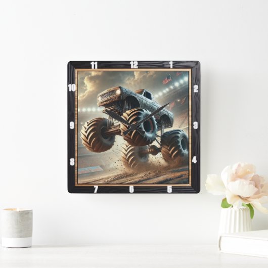 Massive Monster-LKW-Fahrt durch Schlamm Quadratische Wanduhr (Zuhause)