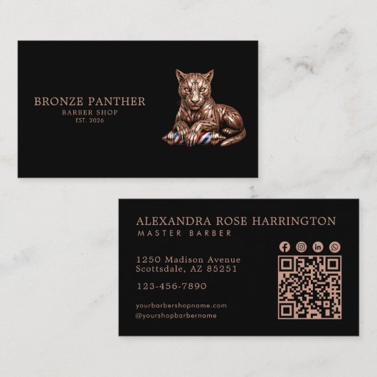 Master Barber Shop Rose Gold Panther Qr Code Visitenkarte (Vorne/Hinten)