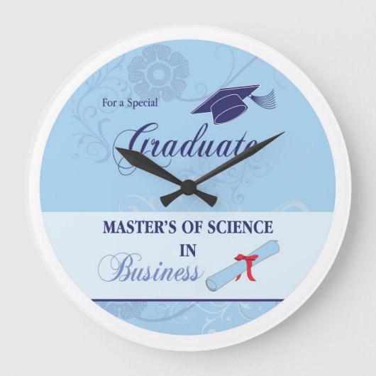 Master of Science in Business Blue mit Swirl Große Wanduhr (Vorderseite)