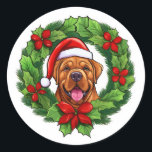 Mastiff Christmas Wreath Runder Aufkleber<br><div class="desc">Fügen Sie Ihrer Urlaubskorrespondenz eine festliche Touch mit unseren festlichen Weihnachtskreidemarken von Mastiff hinzu! Diese bezaubernden Labels zeigen eine lebendige Abbildung eines grünen Weihnachtsschadens,  wobei das zauberhafte Lächeln eines Mastiffs in der Mitte eine fröhliche rote Weihnachtsmannmütze trägt. Diese hochwertigen Etiketten sind perfekt für Hundefreunde und Urlauber geeignet.</div>