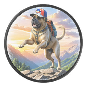 Mastiff englische Dogge im Urlaub im Gebirge Eishockey Puck