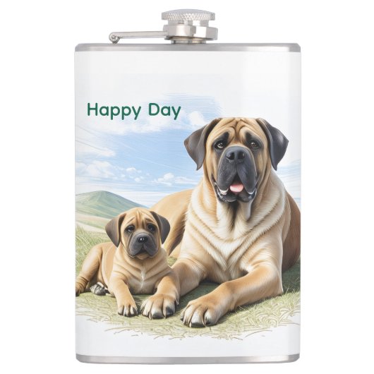Mastiff englische Dogge mit Kind im Urlaub Flachmann (Vorderseite)