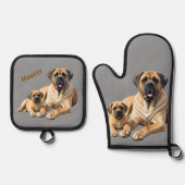 Mastiff englische Dogge mit Kind im Urlaub Ofenhandschuh & Topflappen-Set (Vorderseite)