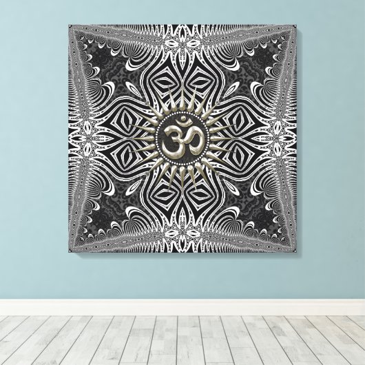 Matanya Silver Om Star B+W Tribal Wrapped Canvas Leinwanddruck (Insitu (Holzboden))