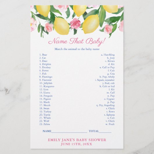 Match Baby Animal mit Mama Lemons Shower Game Card Flyer (Vorne)