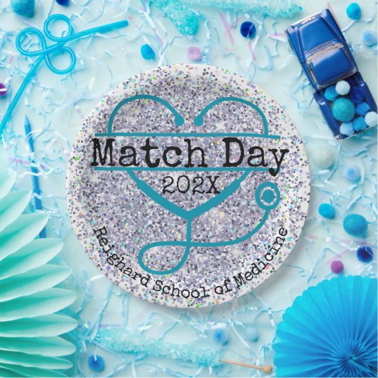 Match Day Blue Custom Year Glitter Stethoscope Pappteller (Party)