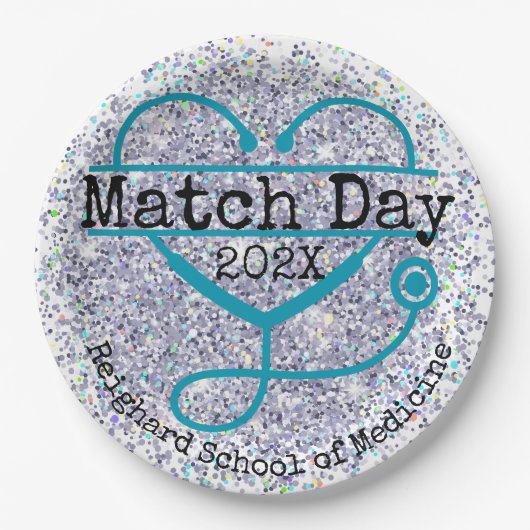 Match Day Blue Custom Year Glitter Stethoscope Pappteller (Vorderseite)
