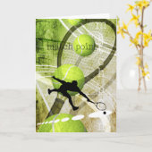 Match Point Junge spielt Tennisleere Karte (Gelbe Blume)