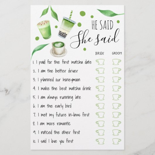 Matcha Bridal Shower Game Card Flyer (Vorne)