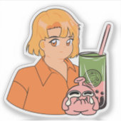 Matcha Bubble Tea Zeit – Ästhetisches Orange Anime Aufkleber (Vorderseite)