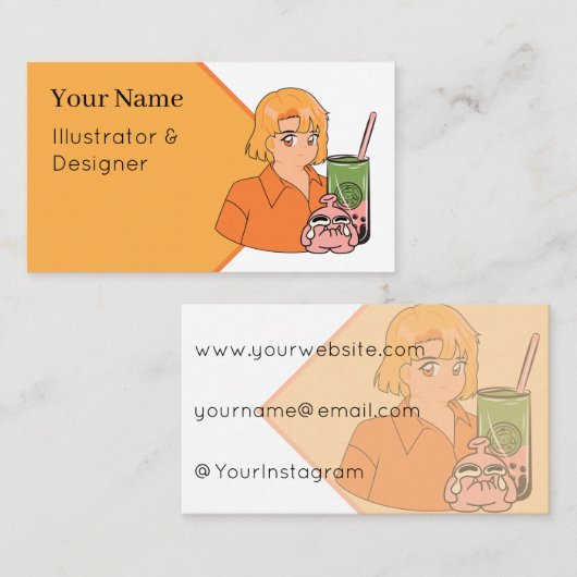 Matcha Bubble Tea Zeit – Ästhetisches Orange Anime Visitenkarte (Vorne/Hinten)