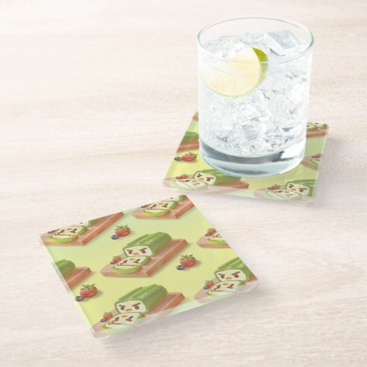 Matcha Cake Roll Illustration Glasuntersetzer (Schrägansicht)