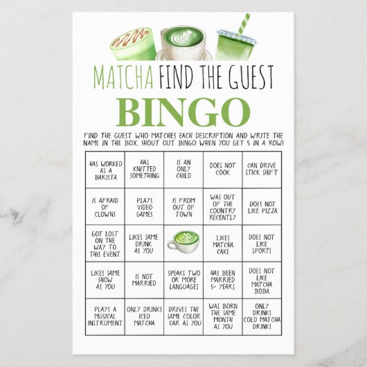 Matcha Find the Guest Bingo Game Card Flyer (Vorne)