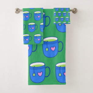 Matcha Green Tee in Blue Tasse Helles Muster Badhandtuch Set