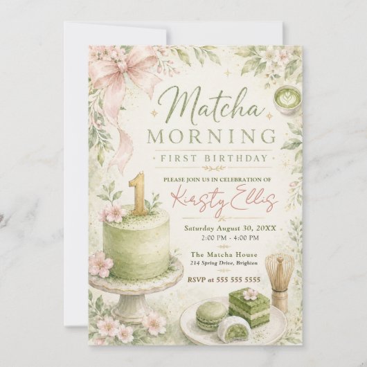 Matcha Morgen Erster Geburtstag Einladung (Vorderseite)