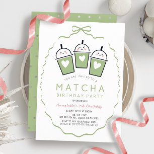 Matcha-Teeparty Kawaii-Bogenrahmen Mädchen-Geburts Einladung