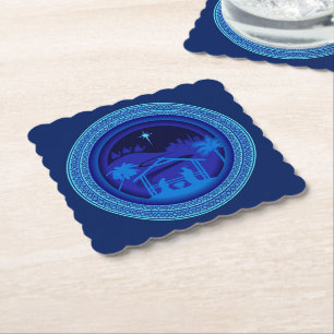 Matching Blue Nativity Weihnachts Scalloped Square Untersetzer