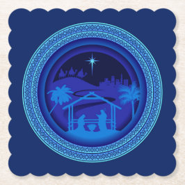 Matching Blue Nativity Weihnachts Scalloped Square Untersetzer