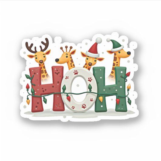 Matching Christmas Santa Hat Ho Ho Ho Giraffe Anim Aufkleber (Vorderseite)
