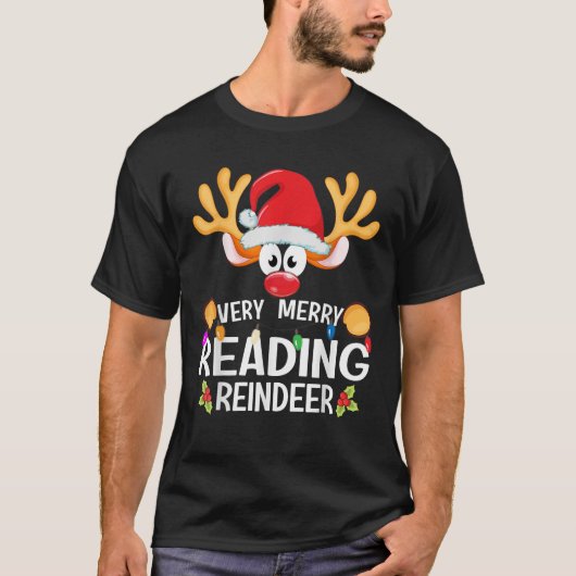 Matching Christmas Very Merry Reading Reindeer T-Shirt (Vorderseite)