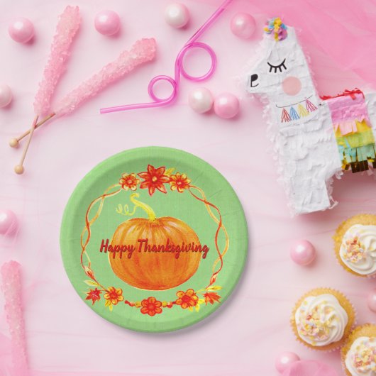 Matching Erntedank Pumpkin on Green 7" Pappteller (Party)