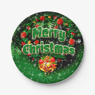 Matching Green Merry Christmas Gold Bells 7" Pappteller