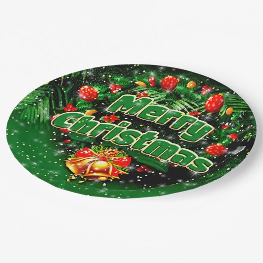 Matching Green Merry Christmas Gold Bells 9" Pappteller (Schrägansicht)