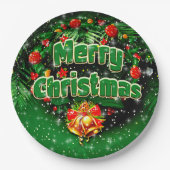 Matching Green Merry Christmas Gold Bells 9" Pappteller (Vorderseite)