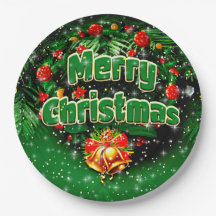 Matching Green Merry Christmas Gold Bells 9"