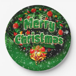 Matching Green Merry Christmas Gold Bells 9" Pappteller