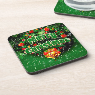 Matching Green Merry Christmas Gold Bells Getränkeuntersetzer