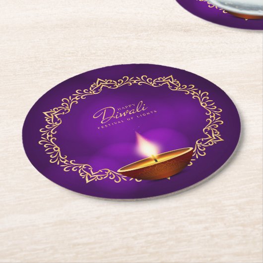 Matching Happy Diwali Lila Runder Pappuntersetzer (Angewinkelt)