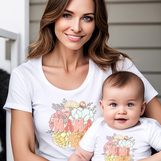 Matching-Mama Neue Mama Mini Retro-Blume T-Shirt